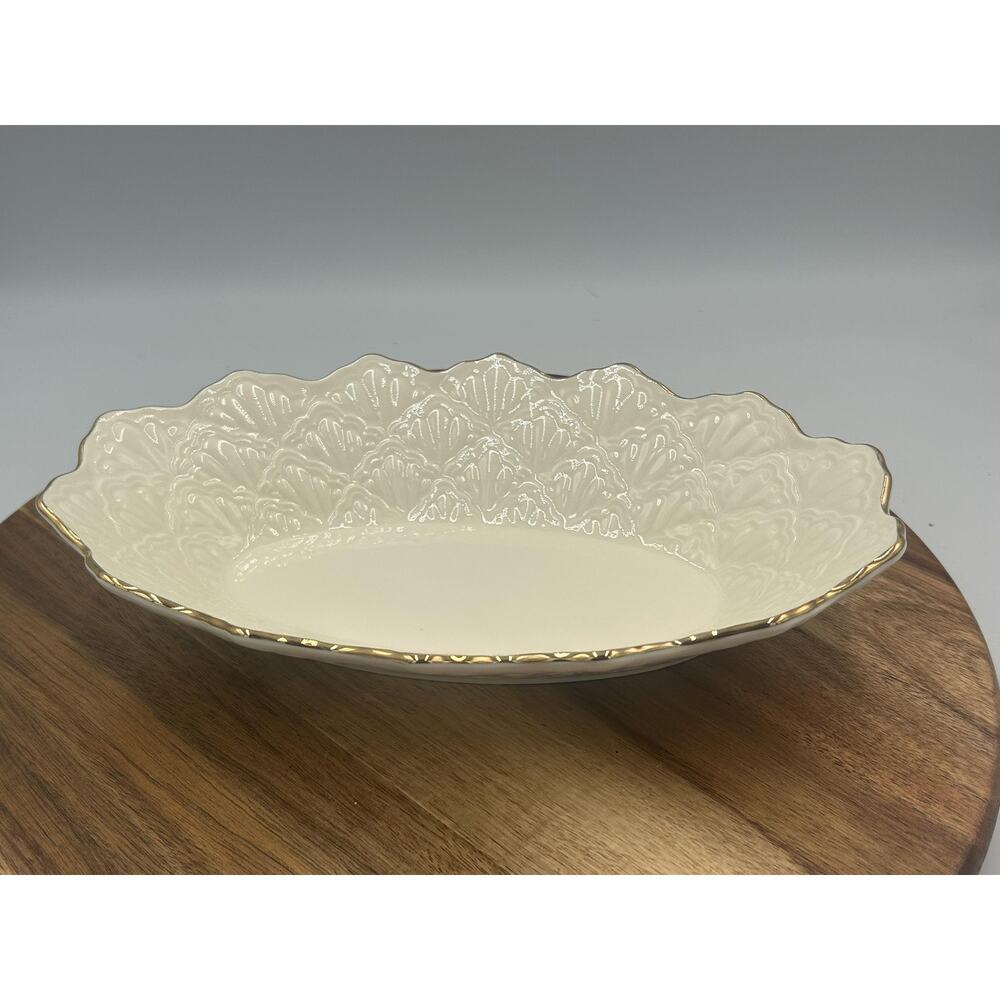 Lenox Serving Bowl Ceramic Embossed Scalloped Gold Trim Cream Floral USA Elegant